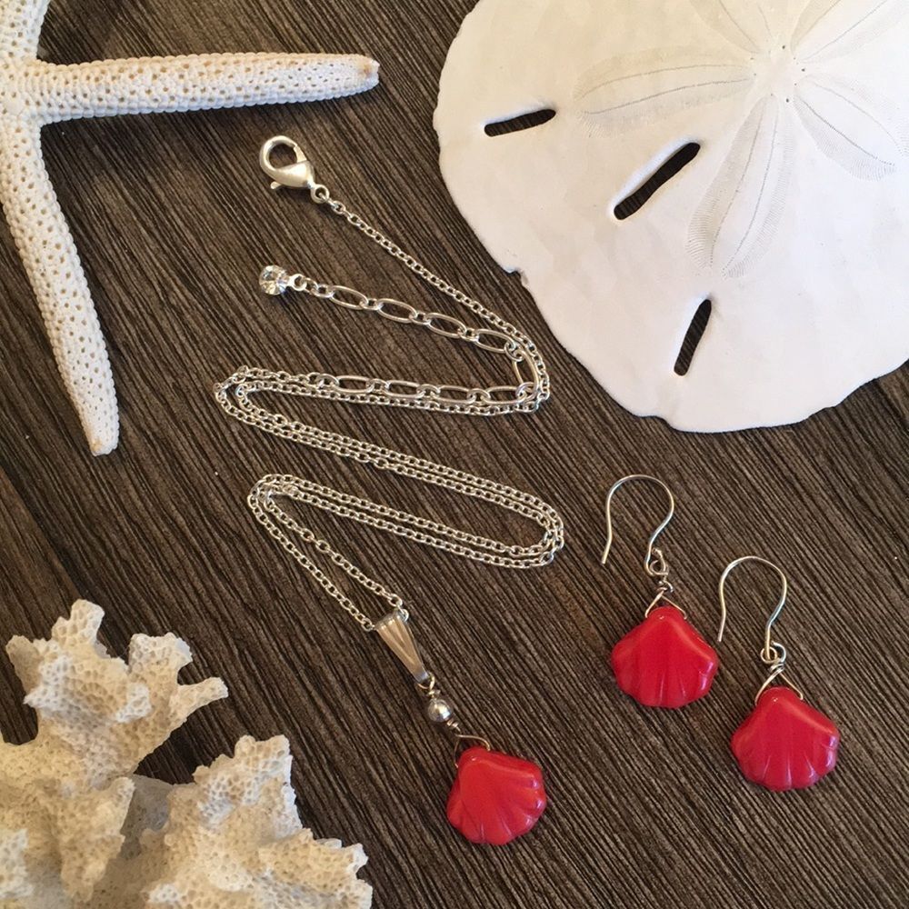 Orange Red Pearlized Glass Shell Necklace Earrings